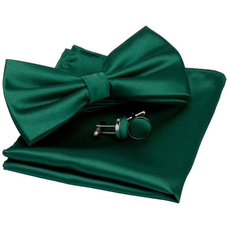GUSLESON Mens Dark Green Wedding Bow tie Double Fold Pre-tied Bowtie and Pocket Square Cufflink Set Accessories (0570-10) - Image 1